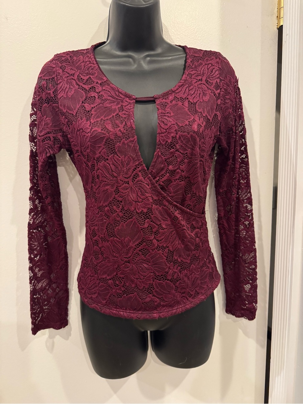 Charlotte Russe Burgundy Lace Surplice Long-Sleeve Top